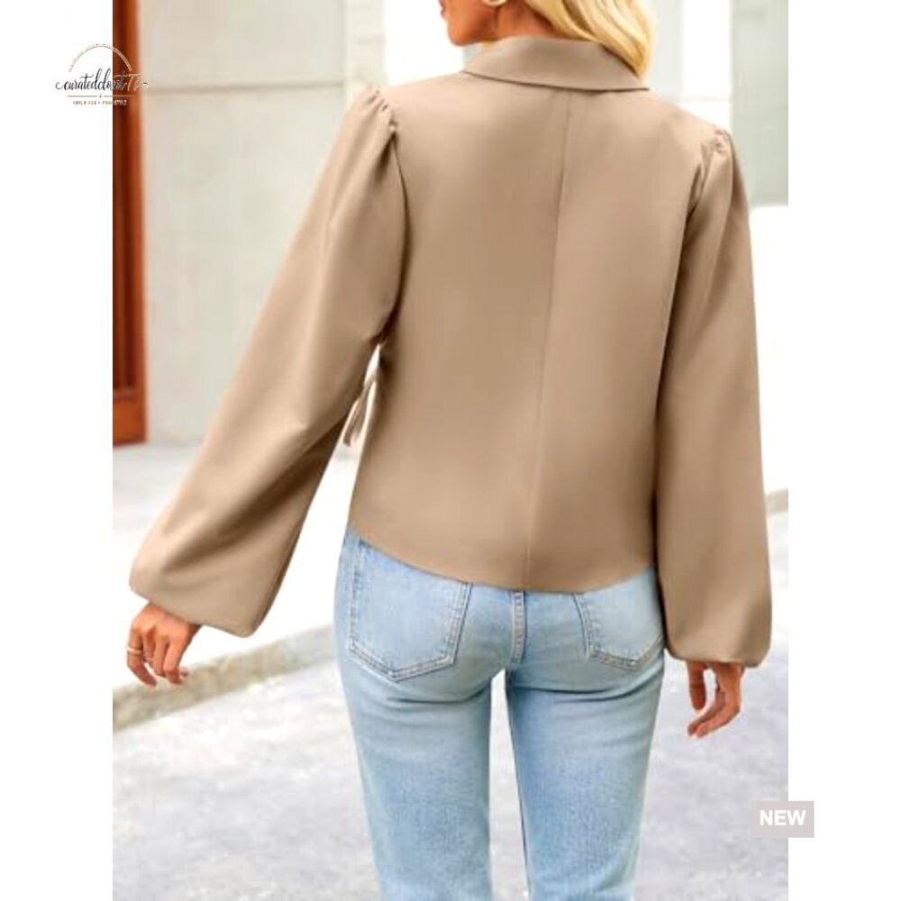 Puff Sleeve Cropped Blazer V Neck Wrap Trench Coat Office Casual - Picture 3 of 7